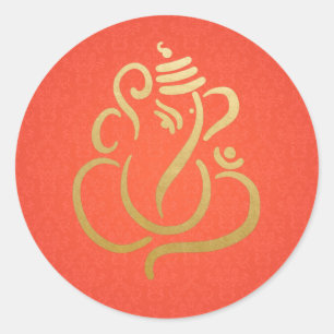 Gold Festive Ganesh   Indian God Damask Classic Round Sticker