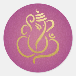 Gold Festive Ganesh Indian God Damask Purple Classic Round Sticker