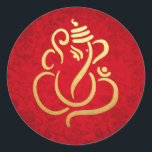 Gold Festive Ganesh | Indian God Damask Red Classic Round Sticker<br><div class="desc">Gold Festive Ganesh | Indian God Damask Red</div>