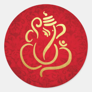 Gold Festive Ganesh | Indian God Damask Red Classic Round Sticker