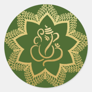 Gold Festive Ganesh   Indian God Green Classic Round Sticker