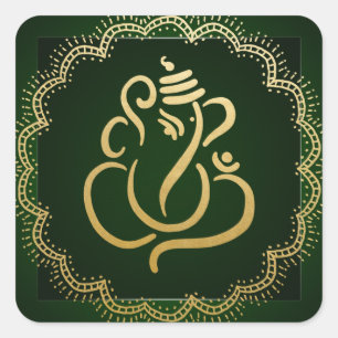 Gold Festive Ganesh   Indian God Green Square Sticker