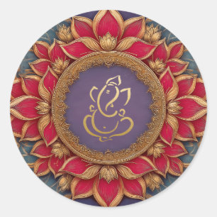 Gold Festive Ganesh   Indian God Purple Pink Lotus Classic Round Sticker