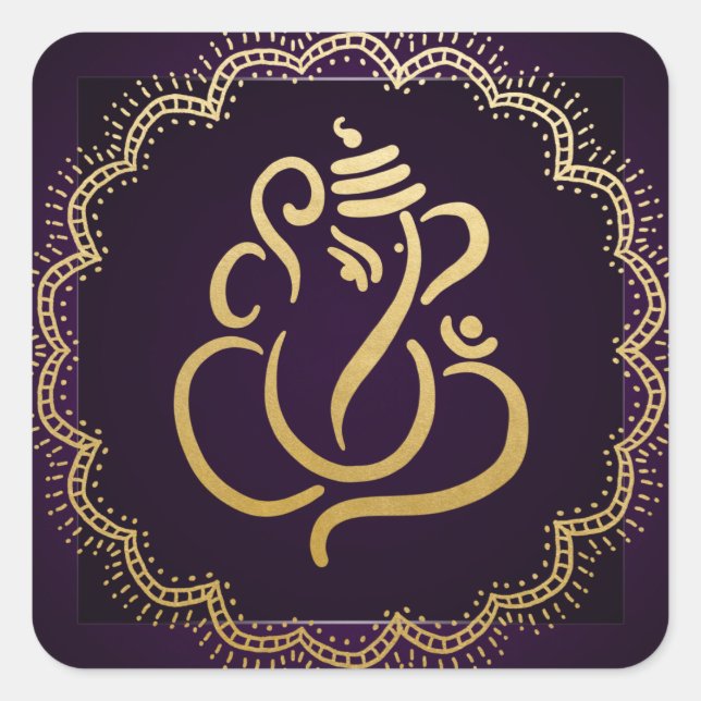 Gold Festive Ganesh | Indian God Purple Square Sticker (Front)