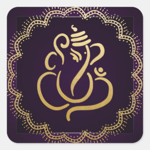 Gold Festive Ganesh   Indian God Purple Square Sticker