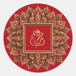 Gold Festive Ganesh Indian God Red Classic Round Sticker