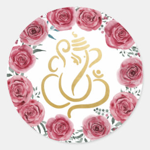 Gold Festive Ganesh  Indian God Red Roses Wreath Classic Round Sticker