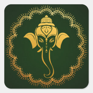 Gold Festive Ganesh   Indian Wedding Green Square Sticker