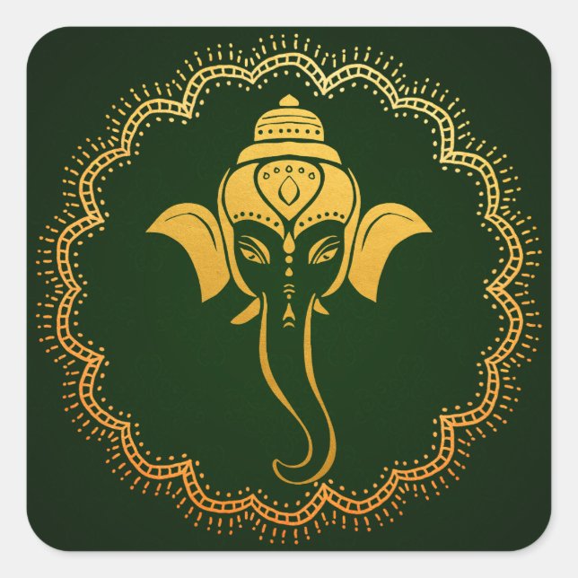 Gold Festive Ganesh | Indian Wedding Green Square Sticker (Front)