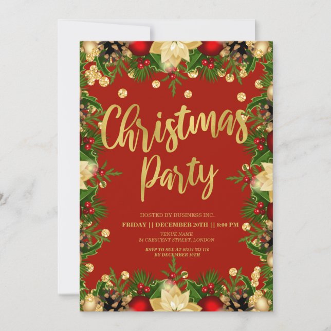 Gold Festive Glitter Christmas Corporate Red  Invitation (Front)