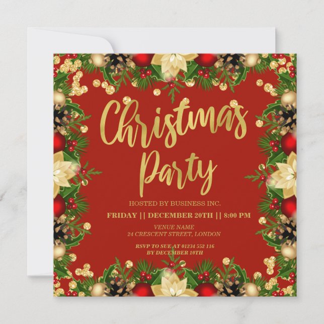 Gold Festive Glitter Christmas Corporate Red  Invitation (Front)