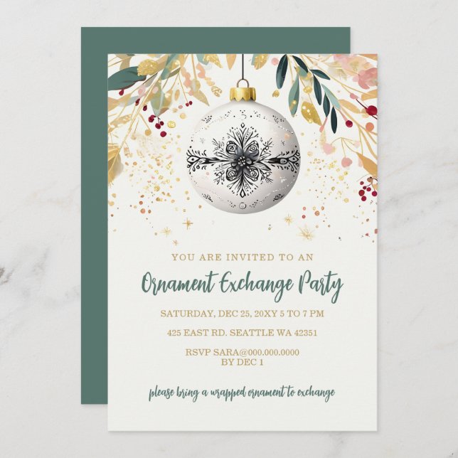 Gold Festive Ornament Exchange Christmas Party Invitation (Front/Back)