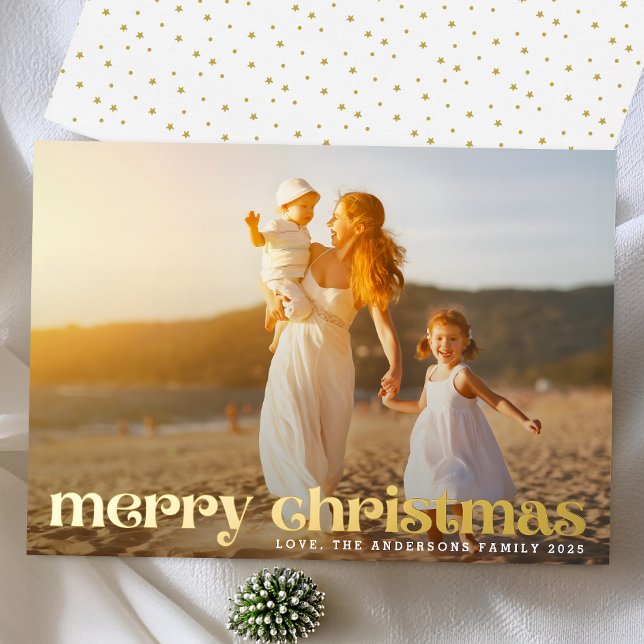 Gold Festive Photo Merry Christmas Foil Holiday Card (Creator Uploaded)