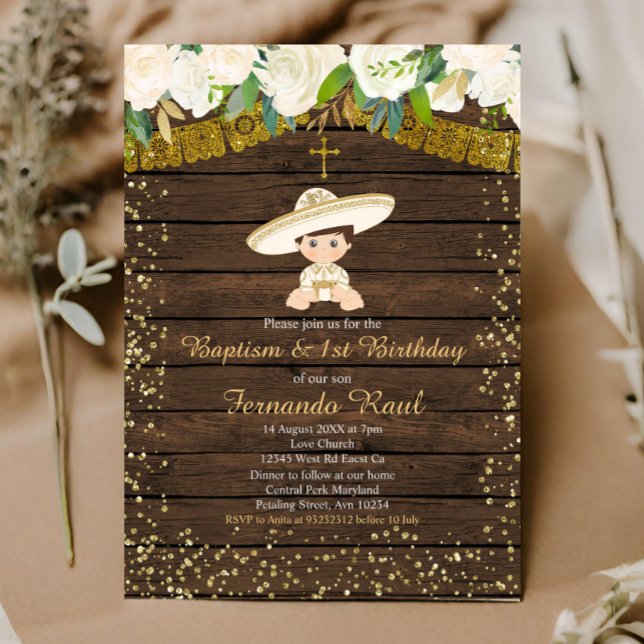 Gold Fiesta Baptism and First Birthday Invitation (Creator Uploaded)