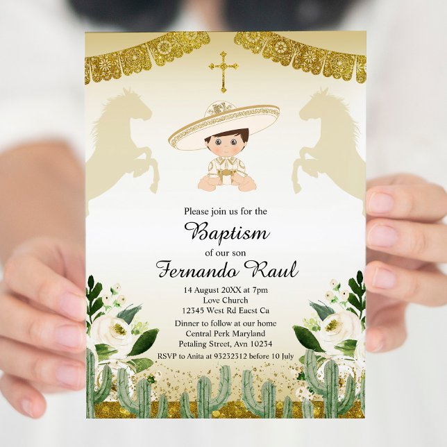 Gold Fiesta Boy Baptism Christening Invitation (Creator Uploaded)