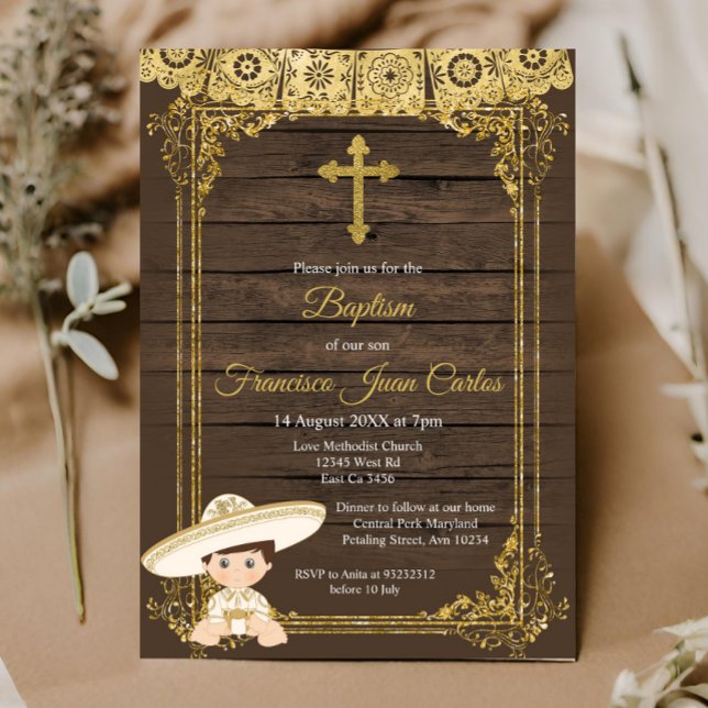 Gold Fiesta Boy Baptism Christening Invitation (Creator Uploaded)