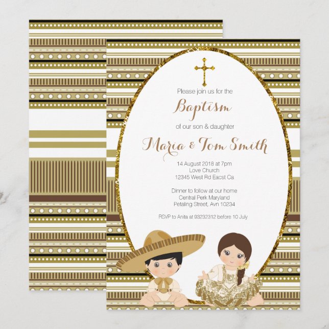 Gold Fiesta Boy & Girl Baptism Christening Invitation (Front/Back)
