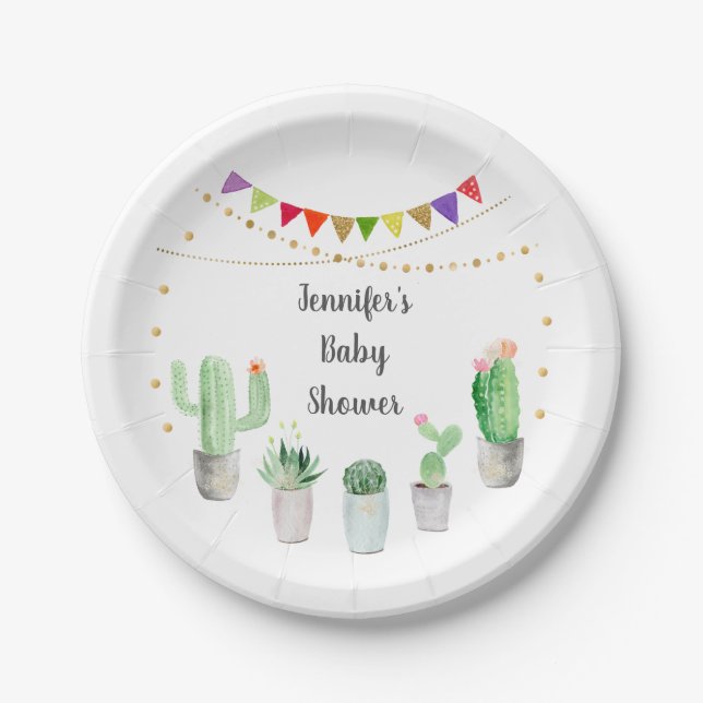 Gold Fiesta Cactus Baby Shower Paper Plate (Front)