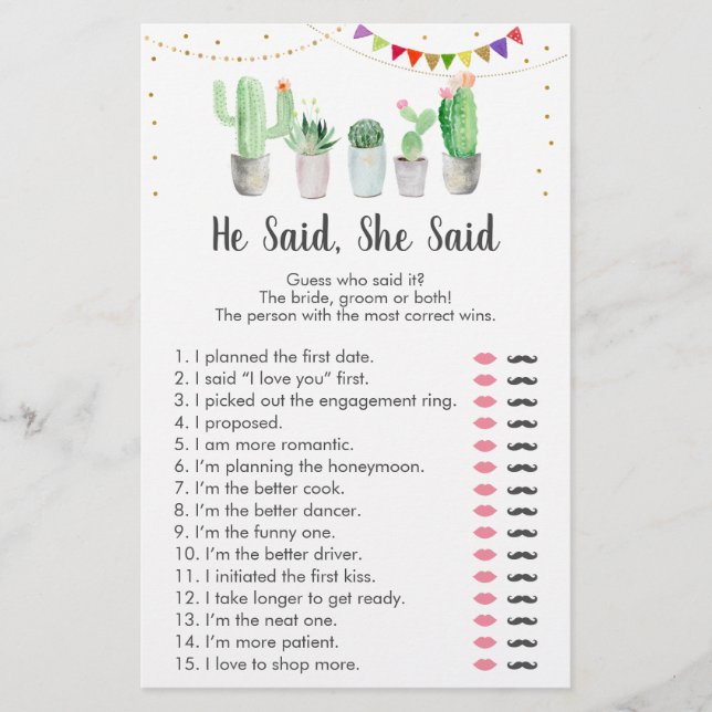 Gold Fiesta Cactus He Said She Said Game (Front)