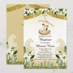 Gold Fiesta Girl Baptism Christening Invitation