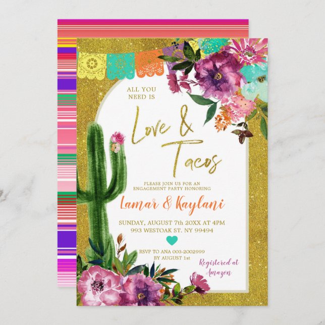 Gold Fiesta Love and Tacos Engagement Party Invitation (Front/Back)