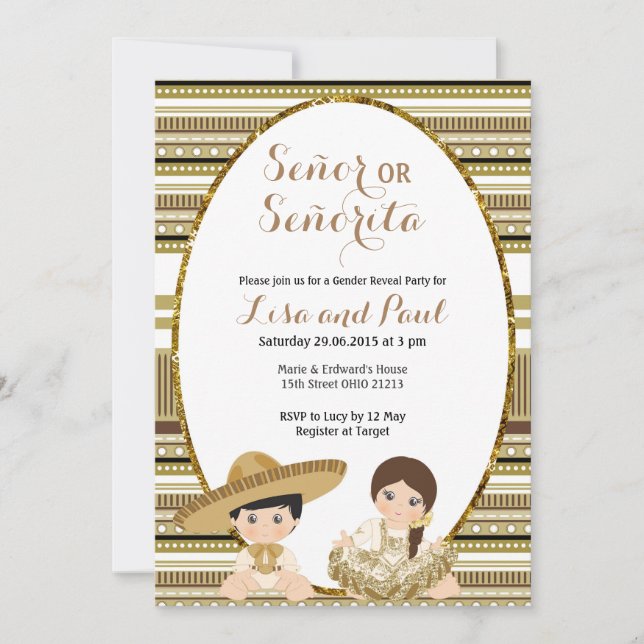 Gold Fiesta Señor or Señorita Gender Reveal Invitation (Front)