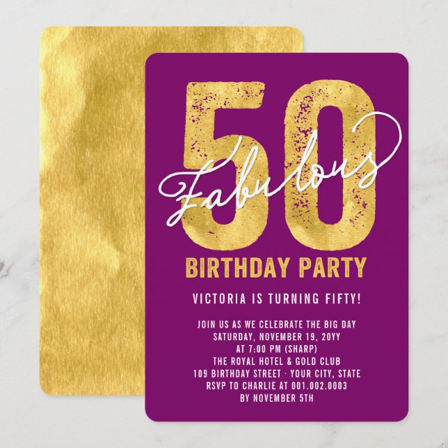 Gold Fifty and Fabulous 50th Birthday Party Invite (Front/Back)