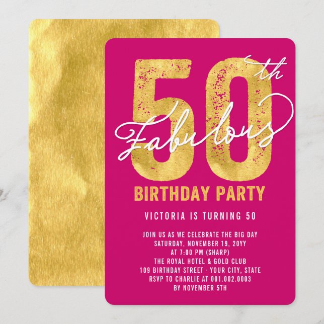 Gold Fifty and Fabulous 50th Birthday Party Invite (Front/Back)