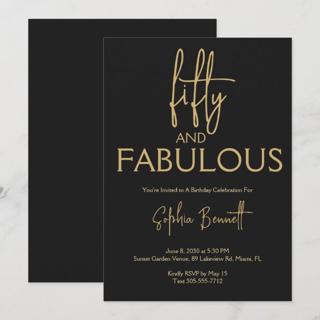 Gold Fifty and Fabulous Script 50th Birthday Party Invitation (Front/Back)