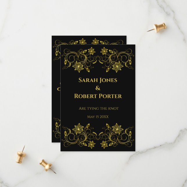 Gold Filigree and Script on Black background Save The Date (Front/Back In Situ)