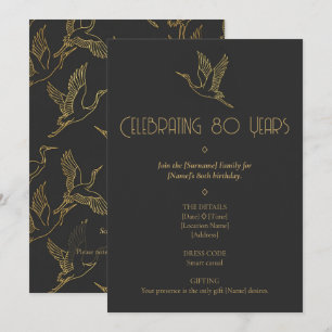 Gold Filigree Art Deco Crane 80th Birthday Invitation