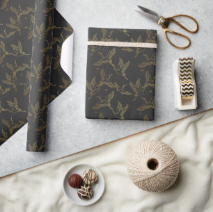 Gold Filigree Art Deco Crane Charcoal Grey Wrapping Paper