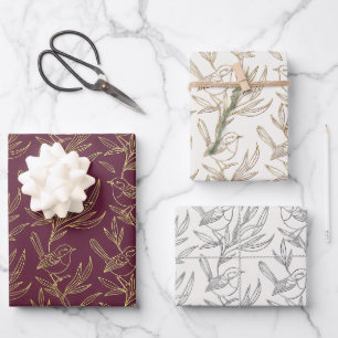 Gold Filigree Art Deco Fairy Wren Set of Wrapping Paper Sheet