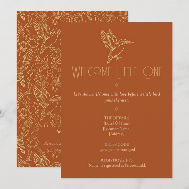 Gold Filigree Art Deco | Kingfisher Baby Shower Invitation (Front/Back)
