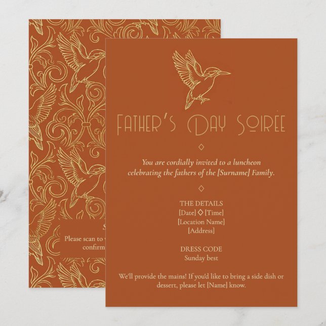 Gold Filigree Art Deco | Kingfisher Father's Day Invitation (Front/Back)
