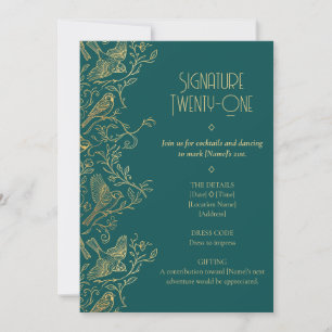 Gold Filigree Art Deco Sparrow 21st Birthday Invitation