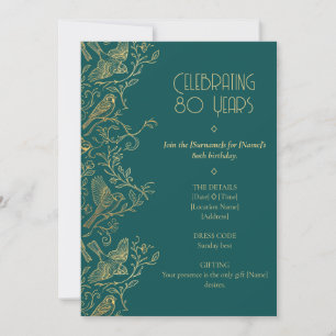 Gold Filigree Art Deco   Sparrow 80th Birthday Invitation