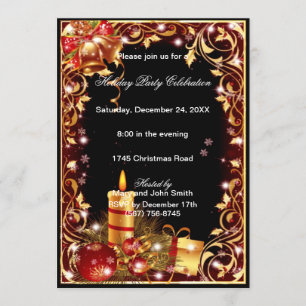 Gold Filigree Bells Candles Christmas Party Invite