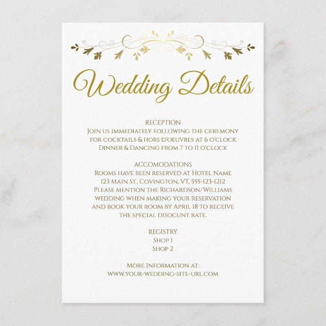 Gold Filigree Border Elegant Wedding Details Enclosure Card (Front)