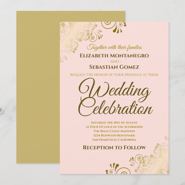 Gold Filigree Chic Elegant Blush Pink Wedding Invitation (Front/Back)