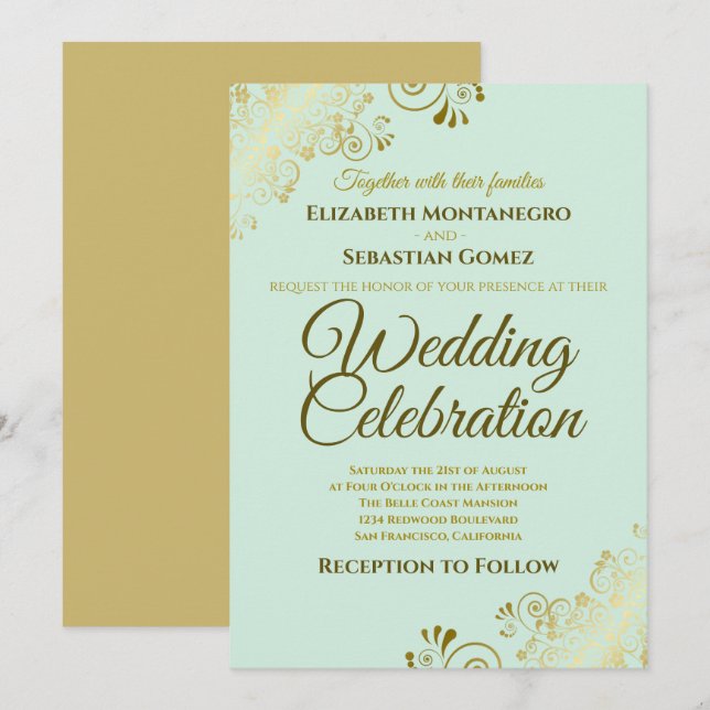 Gold Filigree Chic Elegant Neo Mint Green Wedding Invitation (Front/Back)