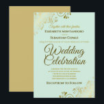 Gold Filigree Chic Elegant Neo Mint Green Wedding Invitation<br><div class="desc">This beautiful wedding invitation is stylish,  simple and elegant. It features gold script lettering on a neo mint green background with floral faux foil filigree in each corner. The understated design is offset by the ornate frills and swirls of the artwork.</div>