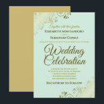 Gold Filigree Chic Elegant Neo Mint Green Wedding Invitation<br><div class="desc">This beautiful wedding invitation is stylish,  simple and elegant. It features gold script lettering on a neo mint green background with floral faux foil filigree in each corner. The understated design is offset by the ornate frills and swirls of the artwork.</div>