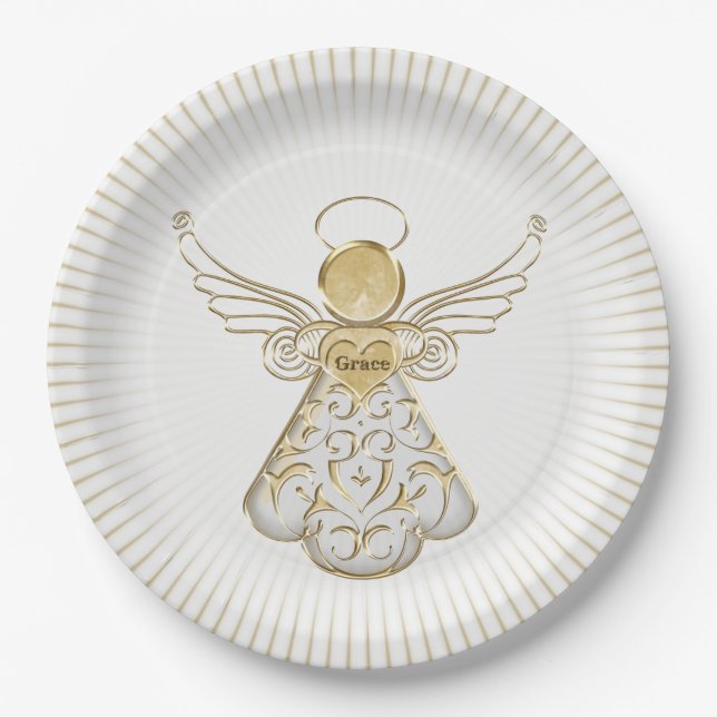 Gold Filigree Christmas Angel of Grace Light Rays Paper Plate (Front)