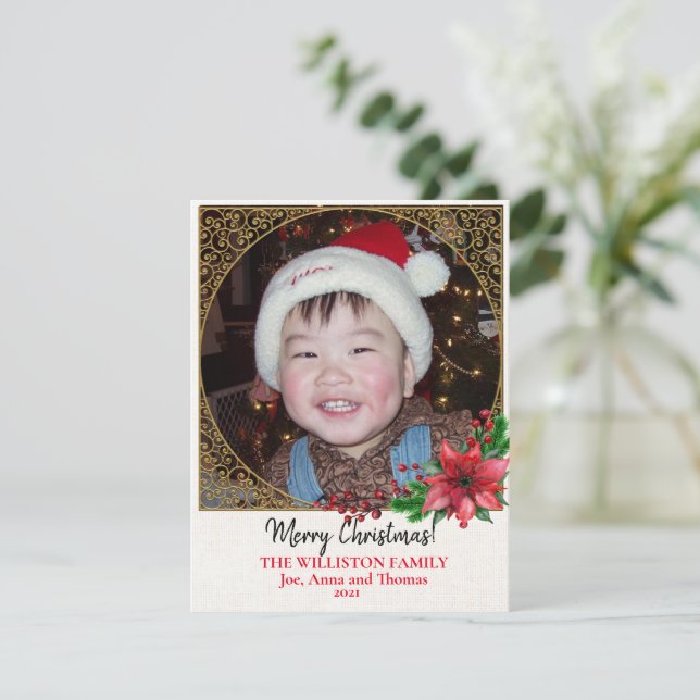 Gold Filigree Christmas Poinsettia Photo  Holiday Card (Standing Front)