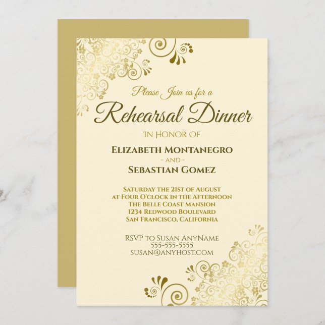 Gold Filigree Cream Wedding Rehearsal Dinner Invitation (Front/Back)
