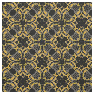 Gold Filigree Flowers & Black Grey Check Pattern Fabric