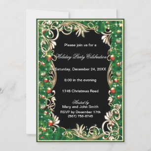 Gold Filigree Green Pine Christmas Party Invite