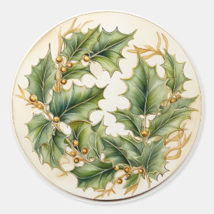 Gold Filigree & Holly Classic Round Sticker
