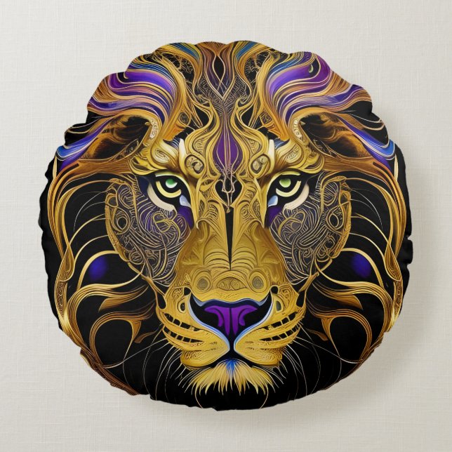 Gold Filigree Lion  Round Cushion (Front)